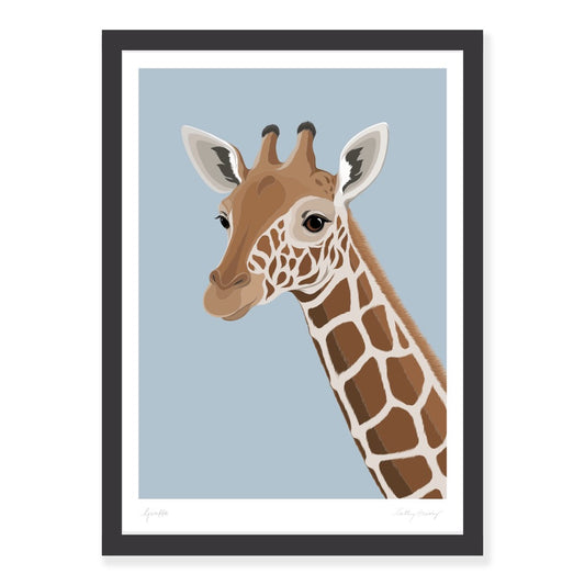 Black framed Giraffe art print with a light blue background by NZ artist Hansby Design 