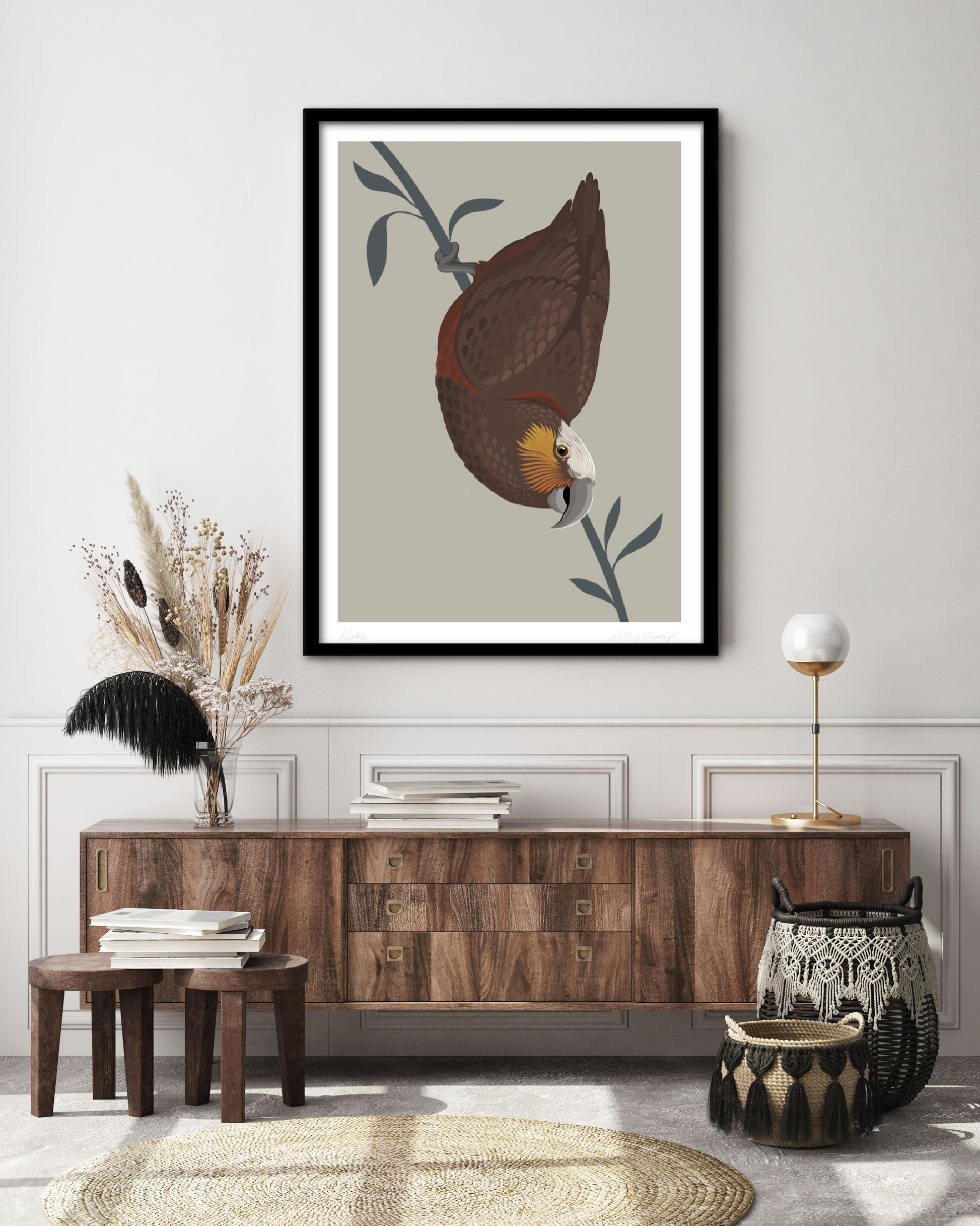 Kaka wall art in black frame by Hansby Design NZ